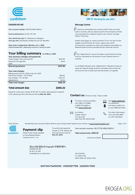 Modèle de facture de services publics d'électricité USA Con Edison aux formats Word et PDF
